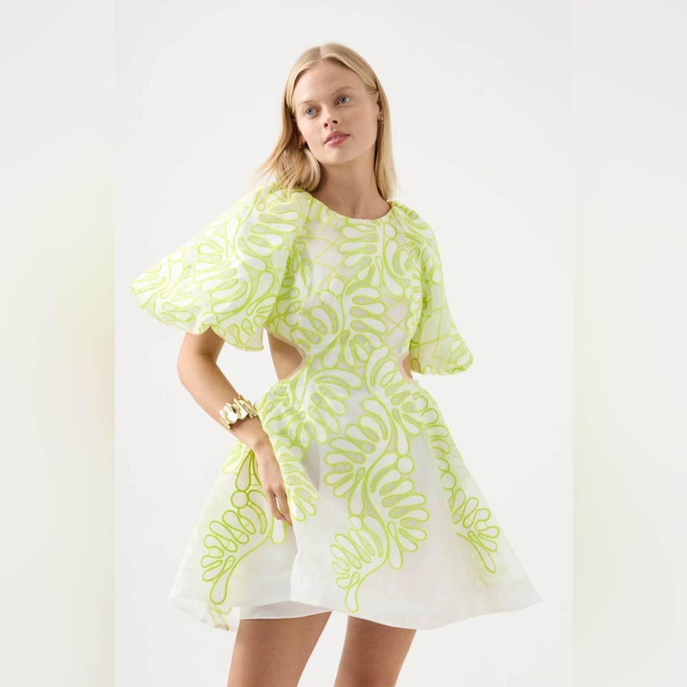 Aje Sculptra Botanical Appliqué Dress size 10=US6 COLOR Ivory Citrus Yellow